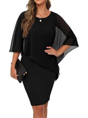 Women's Summer Casual Loose Black2 Knee Length Chiffon Flowy Elegant Dress